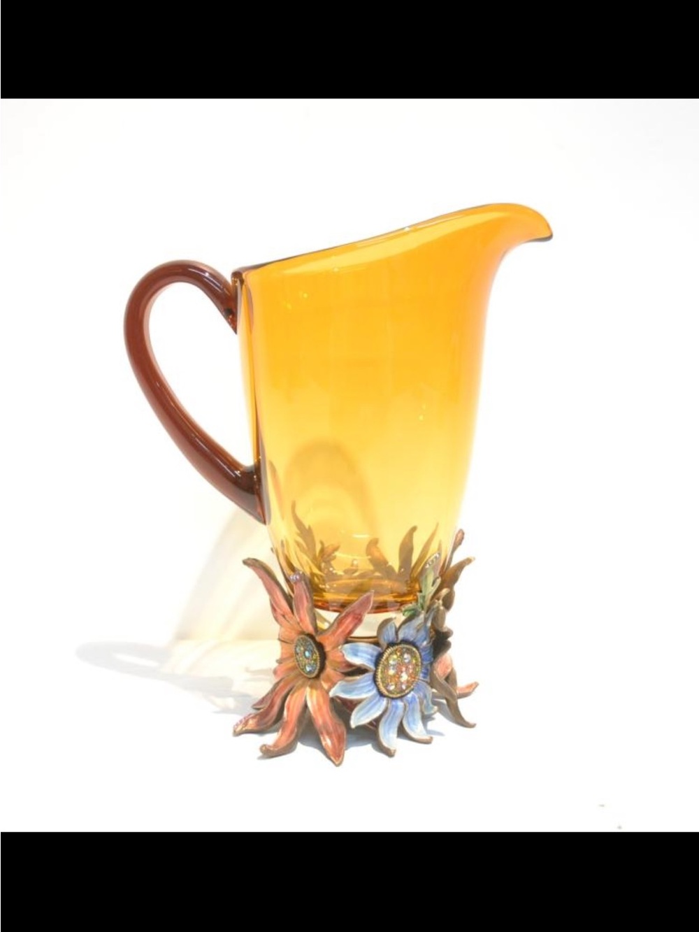 Elegant Jay Strongwater Amber Glass Pitcher with Floral embellished  Base